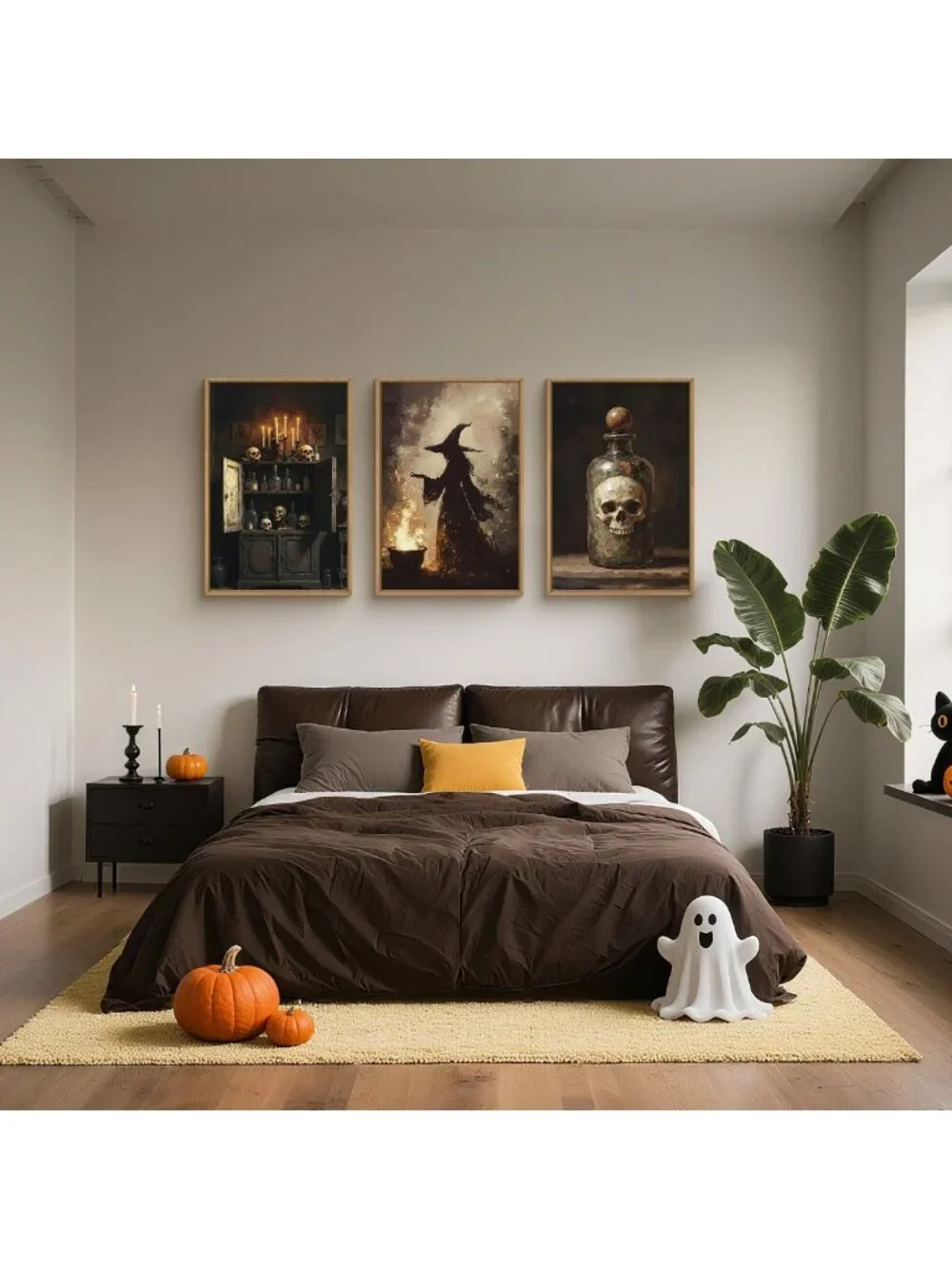 Spooky Halloween Witch Canvas Art Set, Skeleton Vintage Wall Decor, Gothic Home
